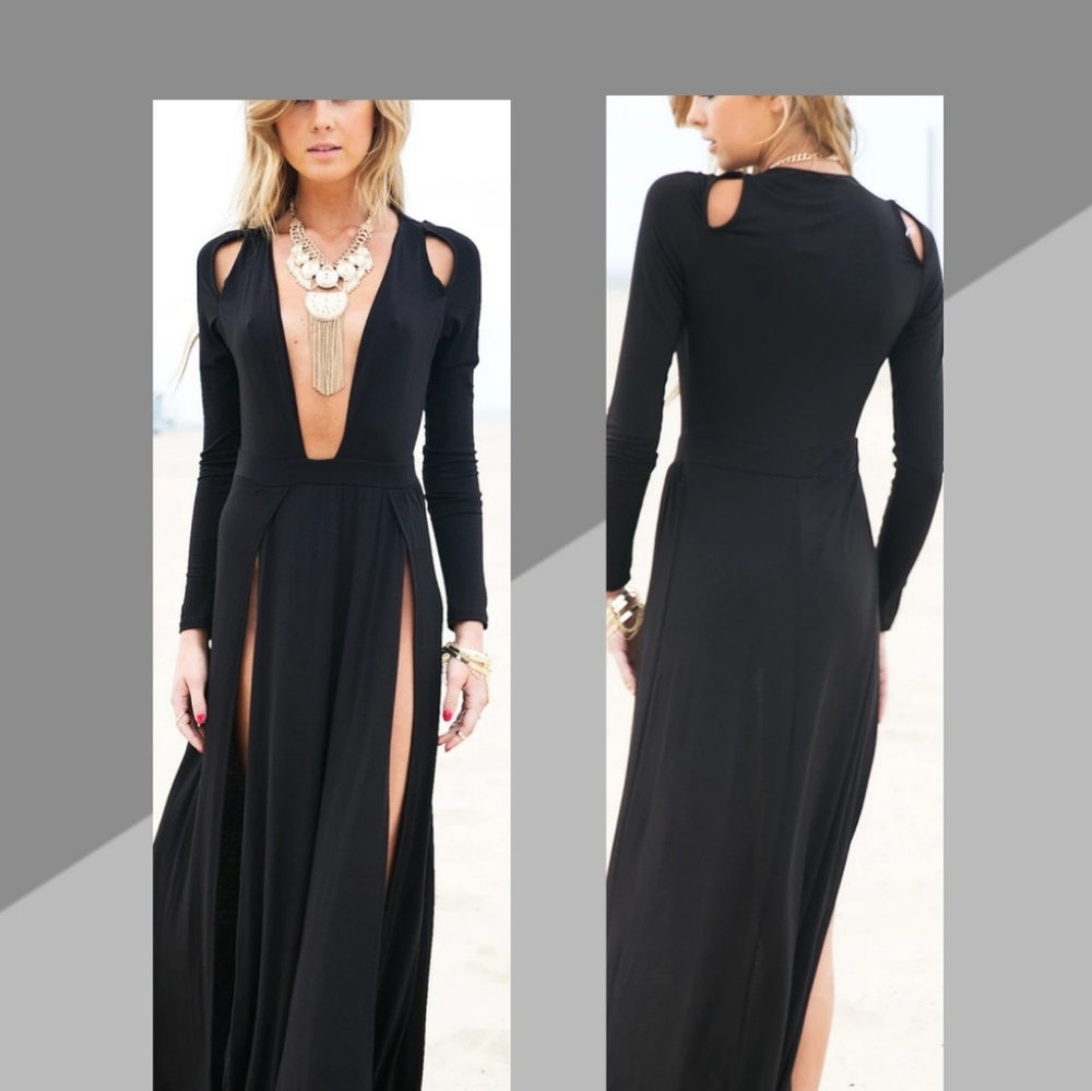 Black-Raya High-slit V-Neck Maxi Dress